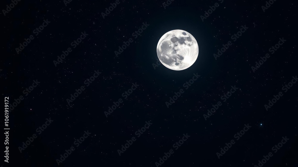 Bright full moon in a starry sky casting a soft glow, lunar, celestial