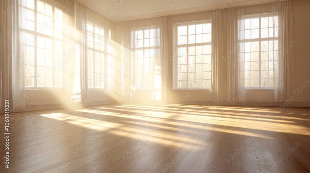 Sunlit Room with Warm Wooden Floor and Large Windows Sunlit Room with Warm Wooden Floor and Large Windows