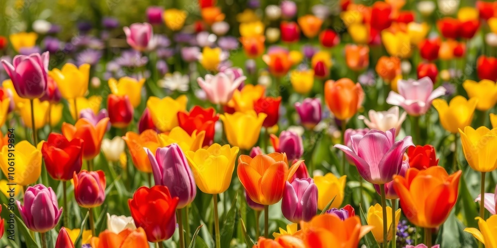Close-up of colorful tulips blooming in a sunny spring garden, nature, scenery Close-up of colorful tulips blooming in a sunny spring garden, nature, scenery