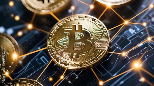 Floating Bitcoin coins connected by blockchain nodes, crypto technology, blockchain network, digital finance photo