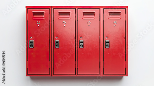 Four red lockers on a white isolate background.