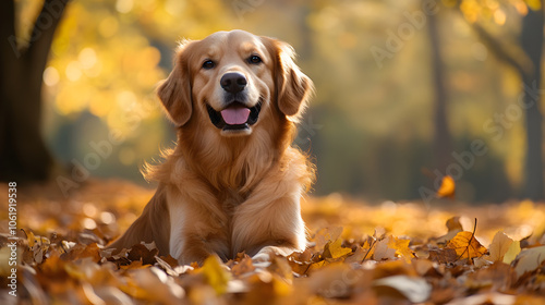 golden retriever dog happily lying in autumn leaves, enjoying nature