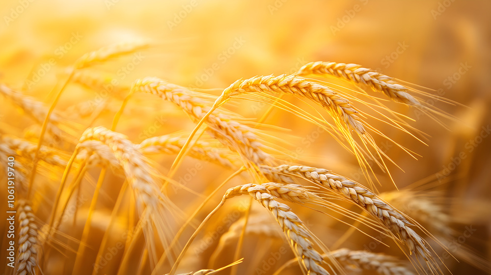 Obraz premium Golden wheat stalks sway gently in warm sunlight, creating serene atmosphere