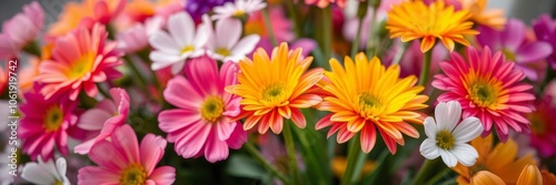 Close-up shot of a vibrant bouquet of assorted flowers in bloom against a soft, blurred background, detail, blur