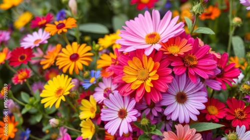 Close-up shot of a vibrant bouquet of assorted wildflowers blooming in a lush garden, vibrant, colorful