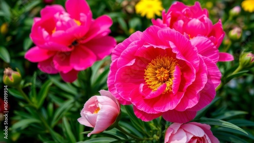 Close up shot of vibrant pink peonies in full bloom, vibrant, petals