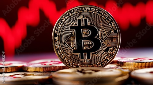 Red Bitcoin icon with declining stock chart in background, cryptocurrency crash, market downturn, financial loss photo