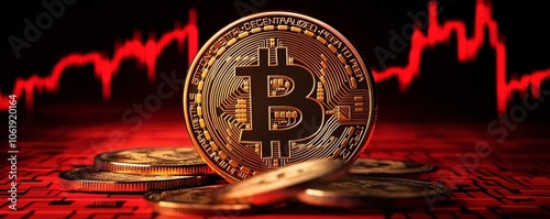 Red cryptocurrency market graph with Bitcoin logo, crypto trading loss, market decline, financial instability photo