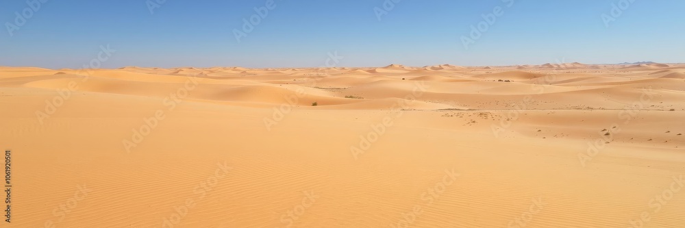 Endless expanse of sand dunes under a clear blue sky in the scorching hot desert, arid, wilderness Endless expanse of sand dunes under a clear blue sky in the scorching hot desert, arid, wilderness
