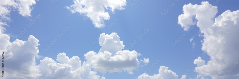 Fluffy white clouds in a clear blue sky, creating a peaceful and serene atmosphere, puffy, cumulus