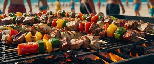 Beach barbecue: vibrant grilled skewers with colorful vegetables at summer gathering