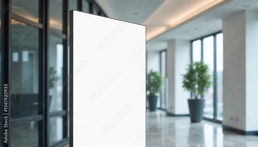 Blank display board in modern indoor space with large windows and greenery, perfect for advertising Blank display board in modern indoor space with large windows and greenery, perfect for advertising