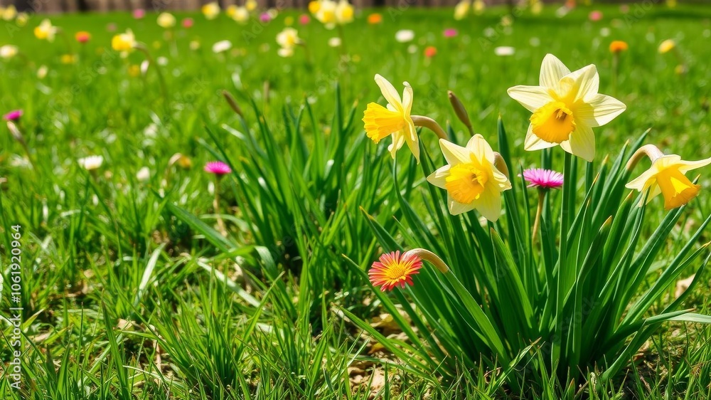 Fresh green grass and colorful daffodil flowers blooming in a vibrant spring garden, beauty, growth Fresh green grass and colorful daffodil flowers blooming in a vibrant spring garden, beauty, growth