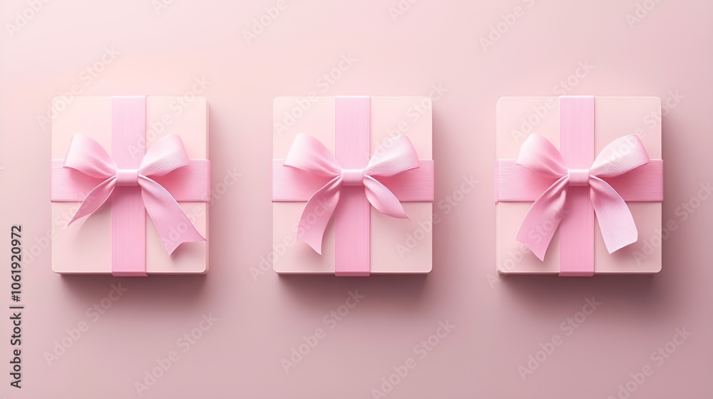 three identical square gift boxes arranged in a row against a light pink background. Each box is wrapped in a pale pink paper and adorned with a wide pink ribbon tied into a bow on top three identical square gift boxes arranged in a row against a light pink background. Each box is wrapped in a pale pink paper and adorned with a wide pink ribbon tied into a bow on top