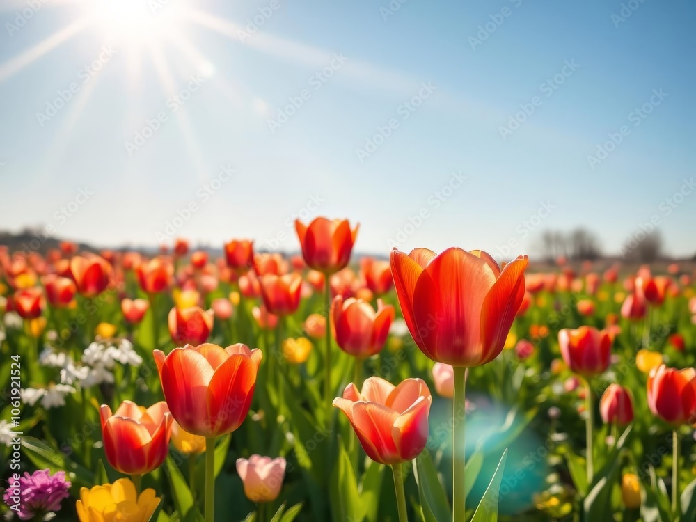 A vibrant field of colorful tulips blooming under the bright sun of springtime, colorful, nature A vibrant field of colorful tulips blooming under the bright sun of springtime, colorful, nature