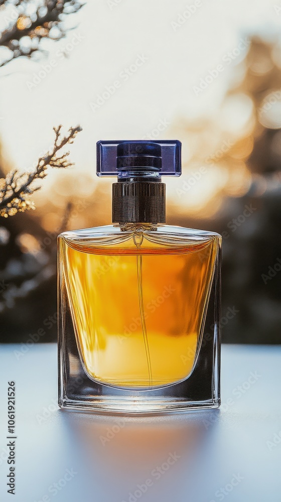 Perfume Bottle in Serene Winter Forest Setting Perfume Bottle in Serene Winter Forest Setting