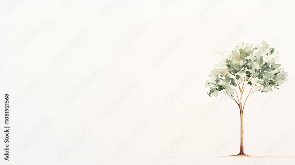 A serene watercolor painting of a single tree, highlighted on a pristine white background. The tree rich green leaves are applied in soft brushstrokes, blending smoothly into the branches. A serene watercolor painting of a single tree, highlighted on a pristine white background. The tree rich green leaves are applied in soft brushstrokes, blending smoothly into the branches.