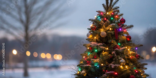 solitary Christmas tree, bedecked with ornaments and lights, captures the spirit of the season amidst a wintry backdrop. photo