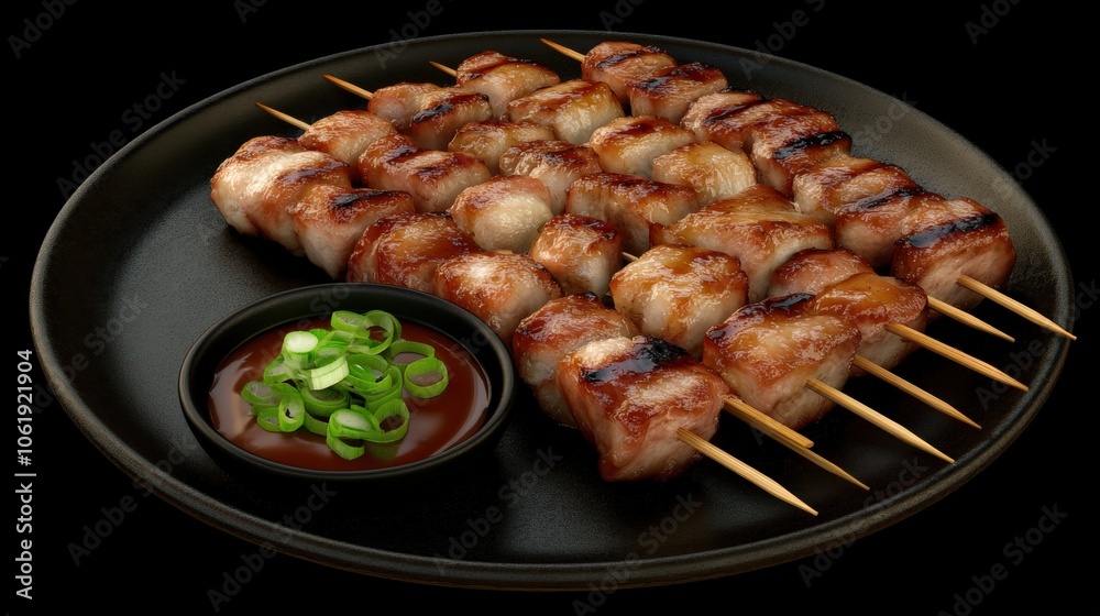 A plate of assorted yakitori skewers served with a small bowl of tare dipping sauce and garnished with sliced scallions, arranged on a dark ceramic plate. A plate of assorted yakitori skewers served with a small bowl of tare dipping sauce and garnished with sliced scallions, arranged on a dark ceramic plate.