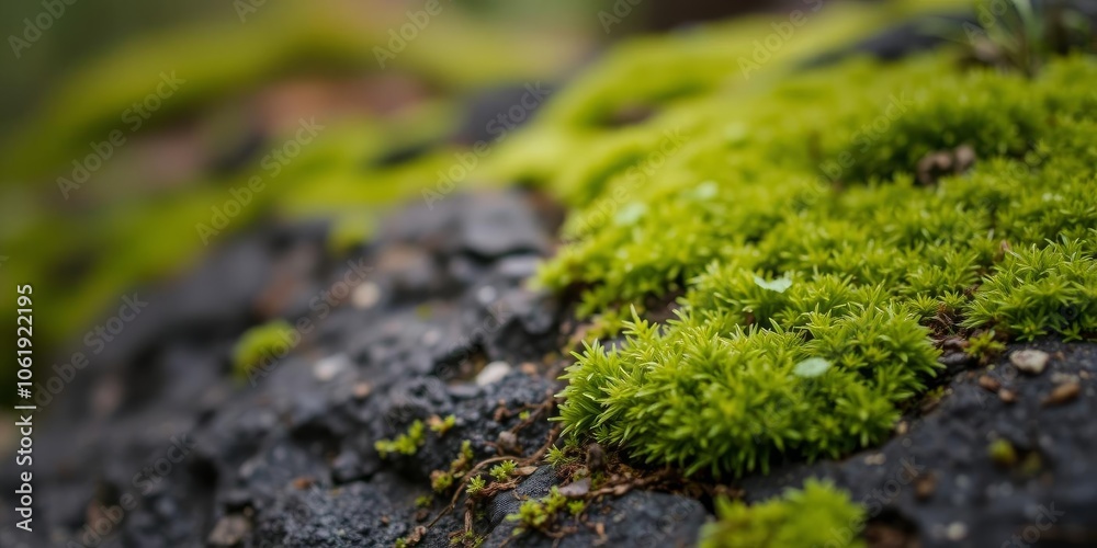 Close-up shot of vibrant green moss growing on a rock in a shady forest, texture, lush