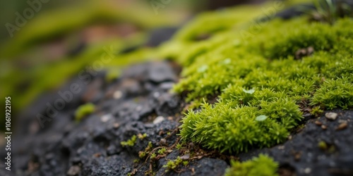 Close-up shot of vibrant green moss growing on a rock in a shady forest, texture, lush