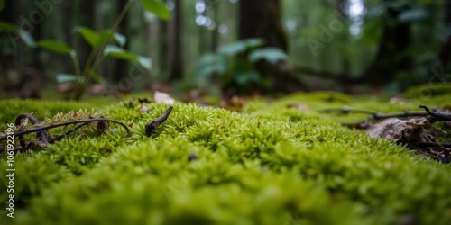 Close-up shot of vibrant green moss covering a forest floor, plant, ground