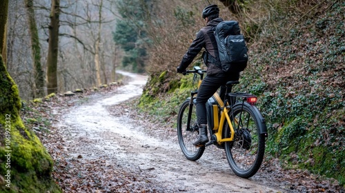 A cyclist navigating a muddy trail surrounded by lush trees, showcasing adventure and nature in an outdoor setting.