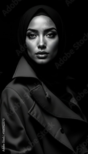 Elegant Portrait of Woman in Hijab and Trench Coat