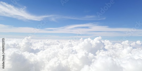 Fluffy white clouds in a blue sky on a sunny day, peaceful, beauty