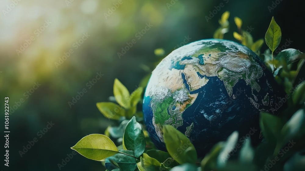 A vibrant globe surrounded by lush green leaves, symbolizing nature and the Earth's beauty in the sunlight. A vibrant globe surrounded by lush green leaves, symbolizing nature and the Earth's beauty in the sunlight.