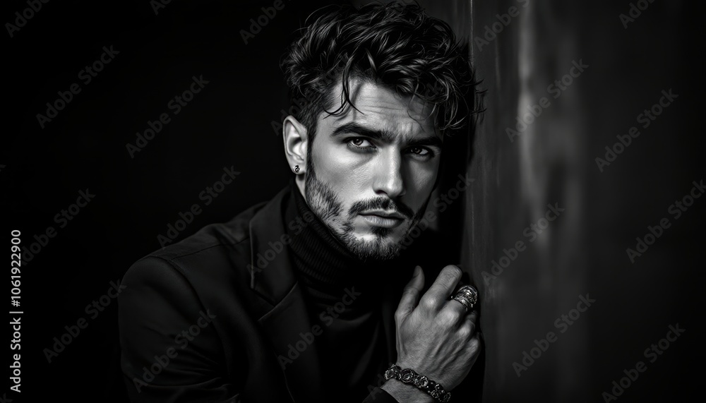Brooding Portrait of Stylish Man in Dark Coat and Turtleneck Brooding Portrait of Stylish Man in Dark Coat and Turtleneck