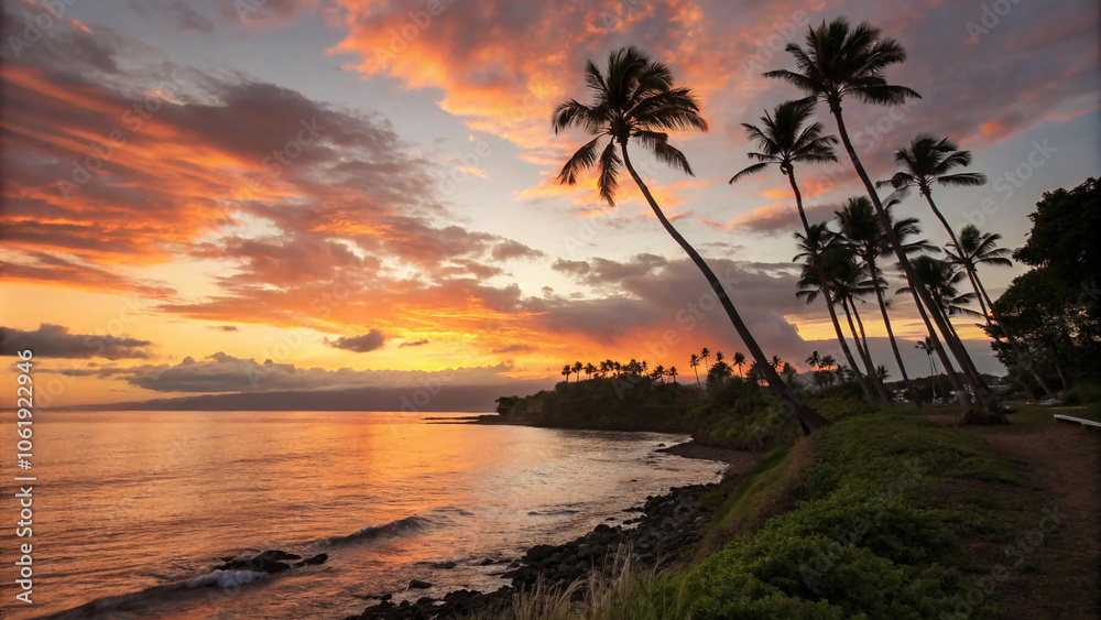 Fototapeta premium The last rays of the sun dip below the horizon, casting a warm glow on a peaceful beachfront dotted with swaying palms.