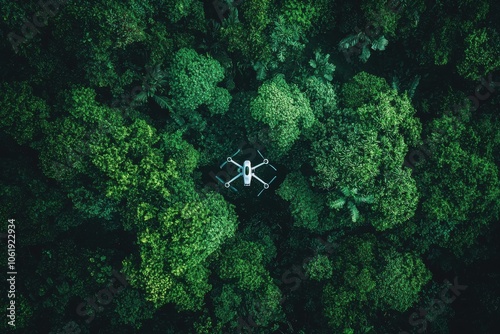 Aerial view of a drone flying over a lush green forest, showcasing nature's beauty and modern technology. photo