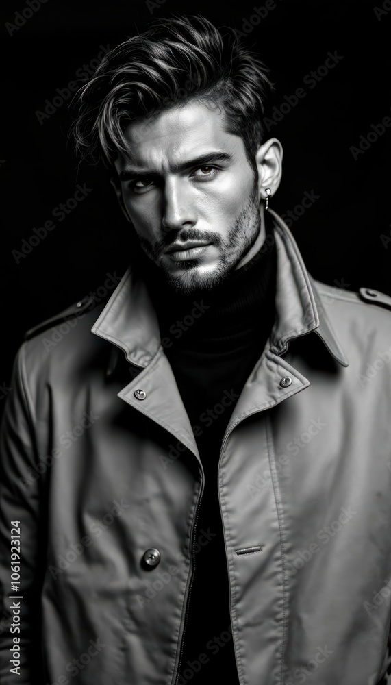Intense Portrait of Man in Trench Coat and Turtleneck Intense Portrait of Man in Trench Coat and Turtleneck