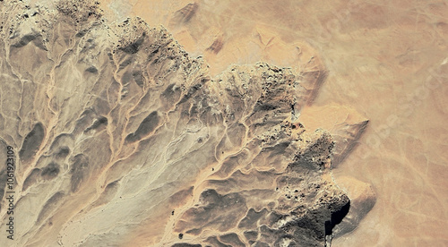 The landscape of the sandy desert in Qatar from a bird's eye view