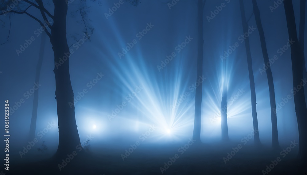 Fototapeta premium A moody nighttime forest with mysterious blue beams of light shining through the dense trees 