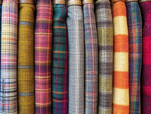 Neatly folded plaid fabrics in vibrant colors fill a textile shop with textures and patterns