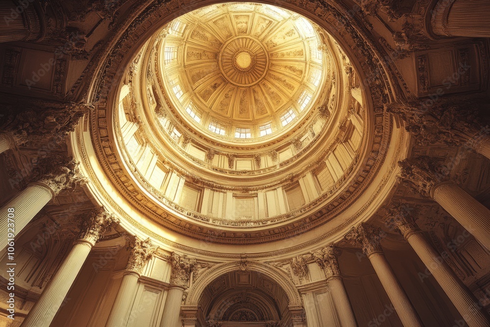 Ornate architectural dome with intricate golden details and sunlight streaming through the windows Ornate architectural dome with intricate golden details and sunlight streaming through the windows