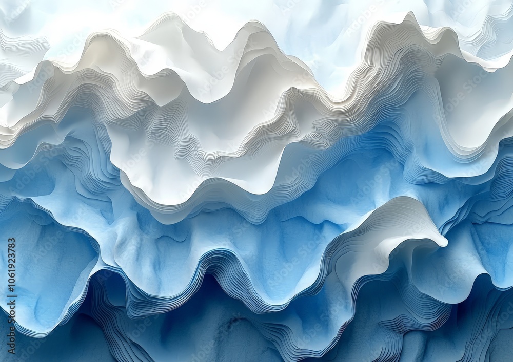 Abstract waves of layered paper in shades of blue and white, creating a textured visual effect. Abstract waves of layered paper in shades of blue and white, creating a textured visual effect.