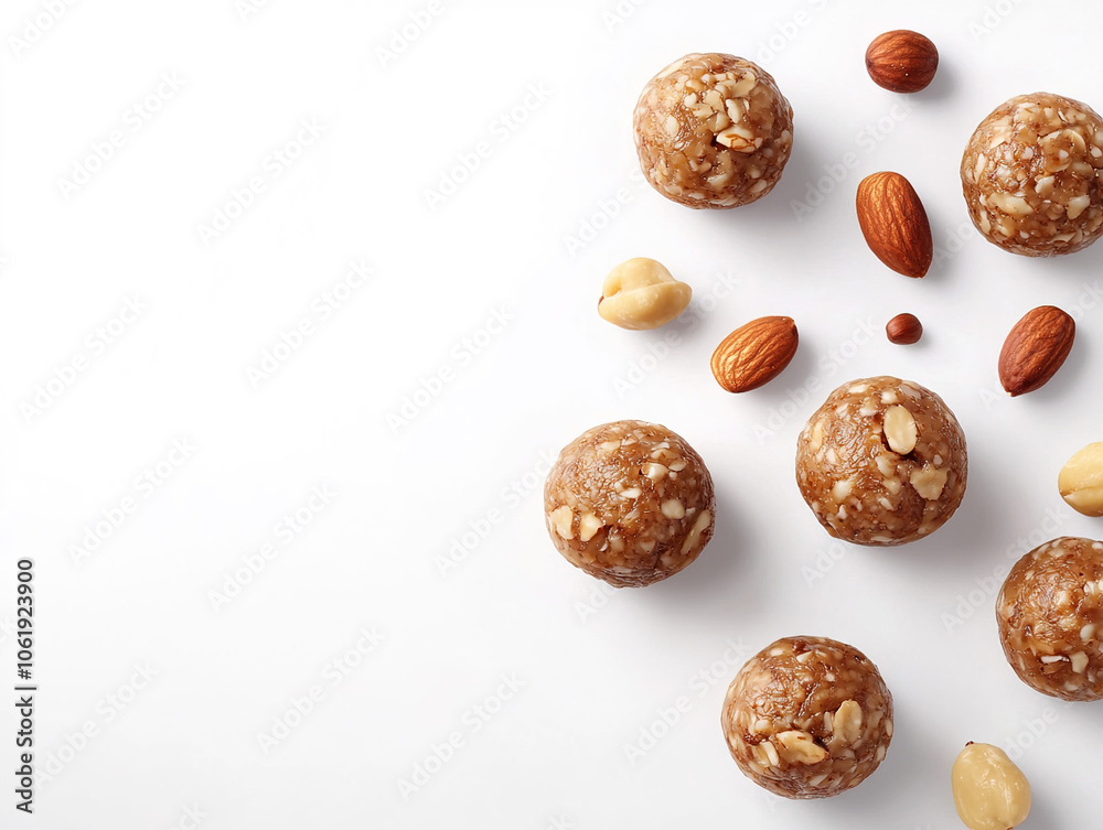 Energy balls with almonds and peanuts on white background. Minimalist healthy snack arrangement for fitness and nutrition. Energy balls with almonds and peanuts on white background. Minimalist healthy snack arrangement for fitness and nutrition.