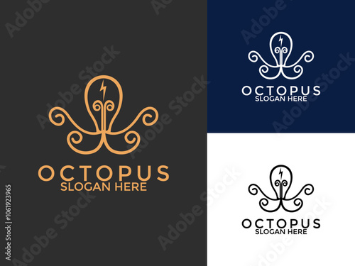 Creative Bulb with Octopus Squid Line art Logo vector, Bulb Octopus idea logo design template