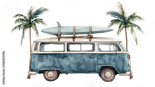 Vintage Camper Van with Surfboard and Palm Trees photo