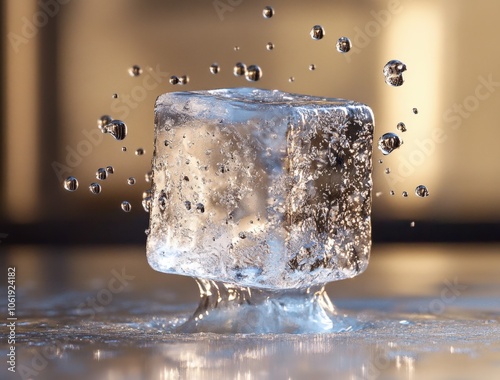 Frozen water cube with bubbles and reflections photo