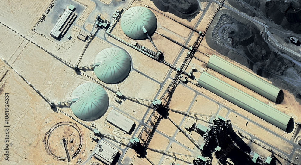 The landscape of a sandy desert and an oil plant in Qatar from a bird's eye view