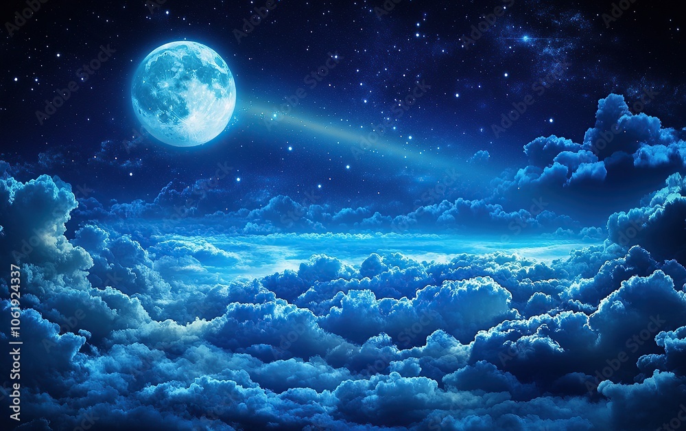 Full moon shining bright over a sea of clouds. Full moon shining bright over a sea of clouds.