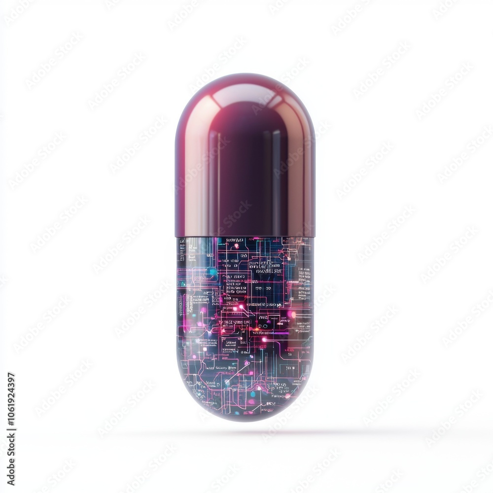 A futuristic capsule design featuring a vibrant, digital-inspired pattern, merging technology with medicine. A futuristic capsule design featuring a vibrant, digital-inspired pattern, merging technology with medicine.