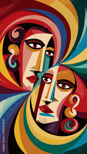 Two womens faces in a stylized abstract style, vibrant colors and geometric shapes