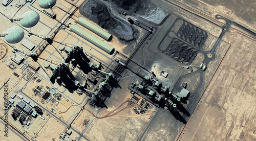 The landscape of a sandy desert and an oil plant in Qatar from a bird's eye view
