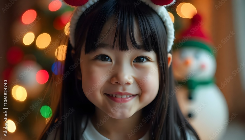 Little Asian girl wearing a Christmas-themed headband and blurred snowman decoration for copy space