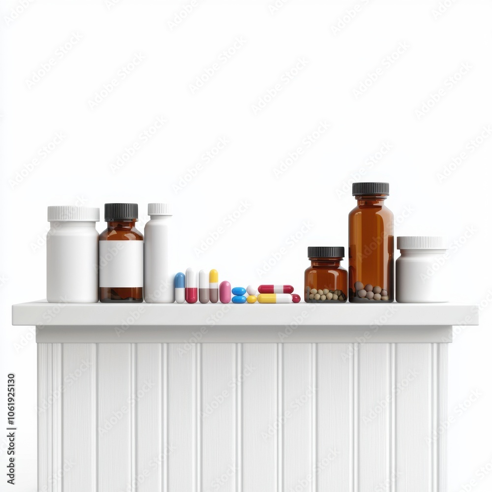 A clean, organized shelf displaying various bottles of pills and capsules on a white backdrop. A clean, organized shelf displaying various bottles of pills and capsules on a white backdrop.